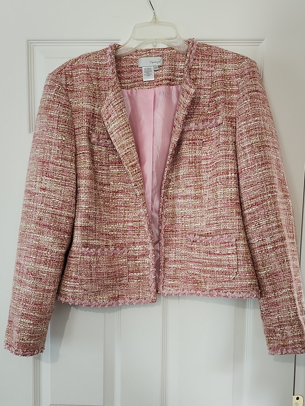 Vintage Spiegel Boucle Tweed Cropped Blazer In Pink & Cream & Tan Size 14